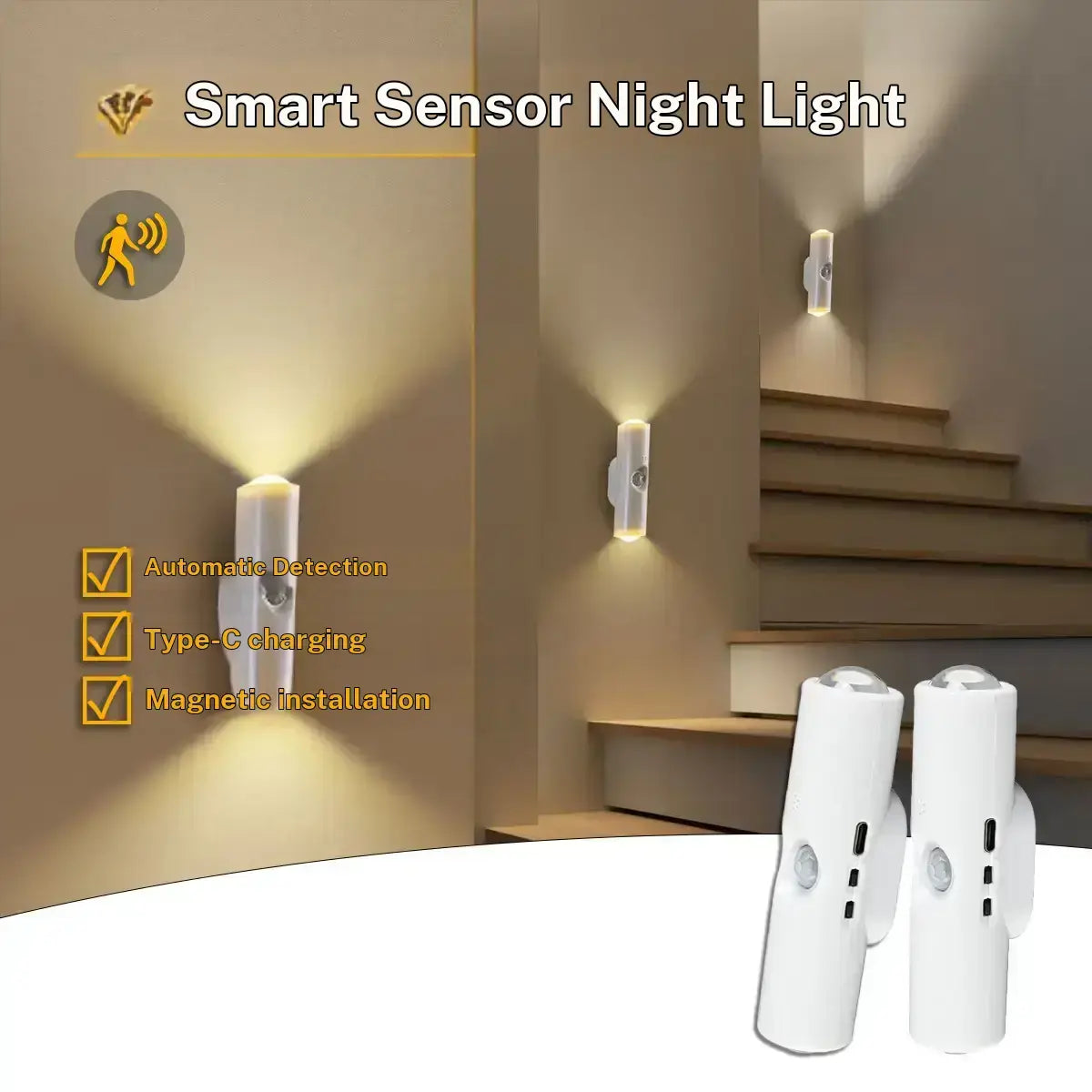 Smart Spotlight with Human Motion Sensor, Adjustable in 3 Modes, 1500Mah Battery, USB Type C Port, Magnetic Installation, Suitable for Living Rooms, Bathrooms, and Bedrooms