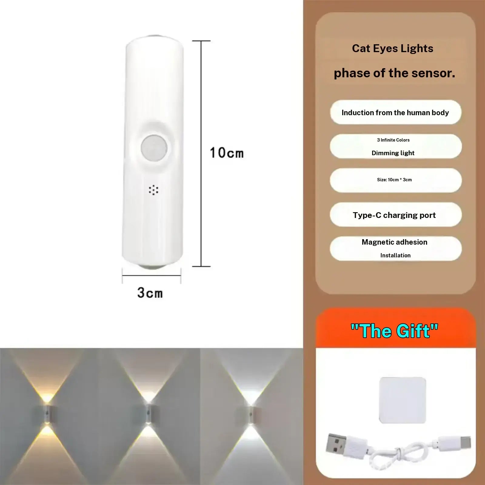 Smart Spotlight with Human Motion Sensor, Adjustable in 3 Modes, 1500Mah Battery, USB Type C Port, Magnetic Installation, Suitable for Living Rooms, Bathrooms, and Bedrooms